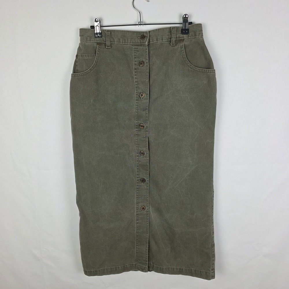 Woolrich Womens Olive Green Cotton Button Front Midi Skirt Sz 12 Rugged‎ Outdoor